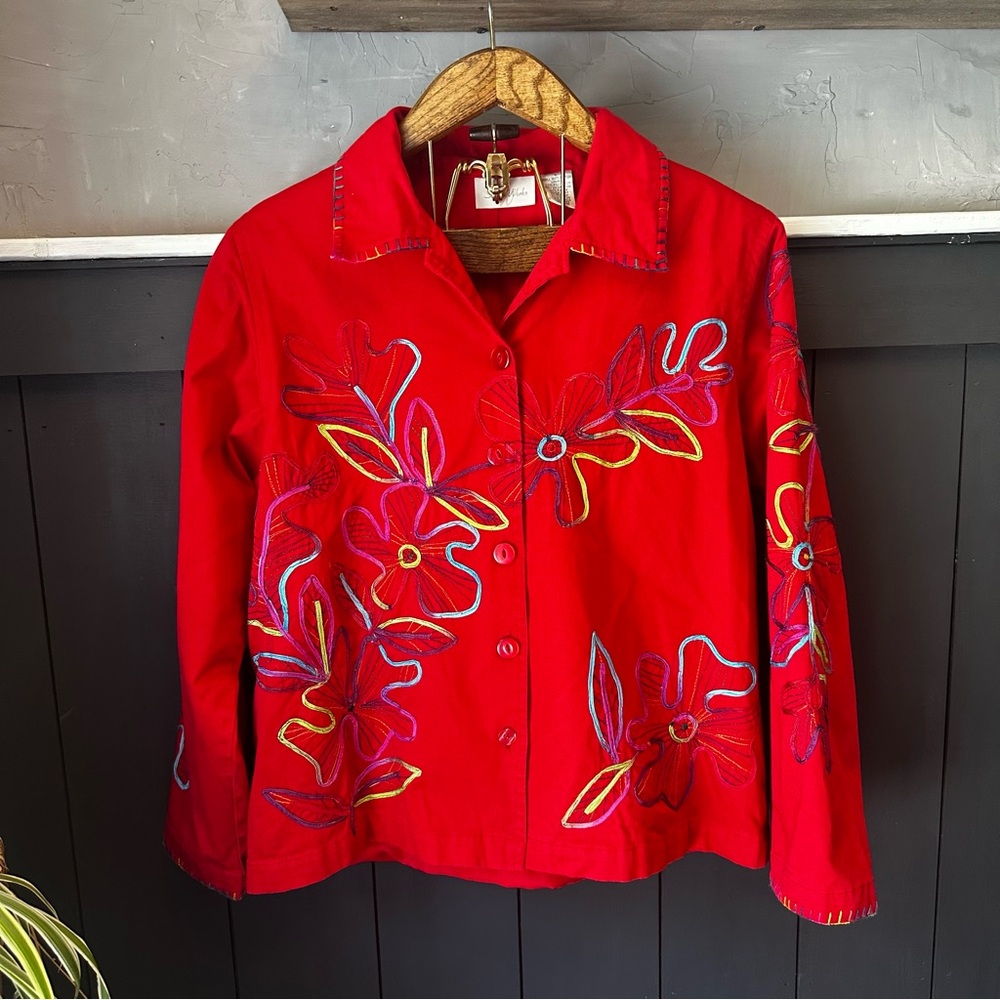 Studio Works Red Floral Design Stich Embroidered Jacket size Large